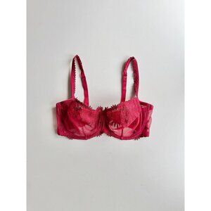 CHANTELLE Red Floral Embroidered Tulle Lace Balconette Bra, Size 36DDD